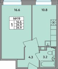 ЖК «Удача», планировка 1-комнатной квартиры, 34.90 м²