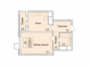 ЖК «Отрадный», планировка 1-комнатной квартиры, 39.00 м²