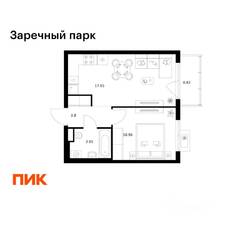 ЖК «Заречный парк», планировка 1-комнатной квартиры, 37.08 м²