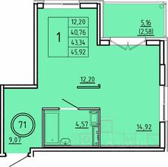 МЖК «Образцовый квартал 16», планировка 1-комнатной квартиры, 40.76 м²