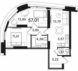 ЖК «Solos», планировка 2-комнатной квартиры, 57.01 м²