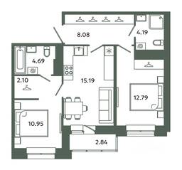 ЖК «Загляденье», планировка 2-комнатной квартиры, 57.99 м²