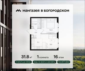 ЖК «Мангазея в Богородском», планировка 1-комнатной квартиры, 31.80 м²