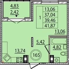 МЖК «Образцовый квартал 15», планировка 1-комнатной квартиры, 37.04 м²