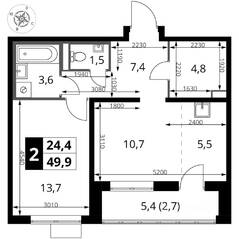 ЖК «1-й Донской», планировка 2-комнатной квартиры, 49.90 м²