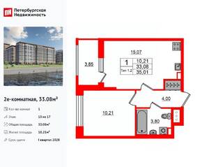 ЖК «Сэтл Ривьера», планировка 1-комнатной квартиры, 33.08 м²