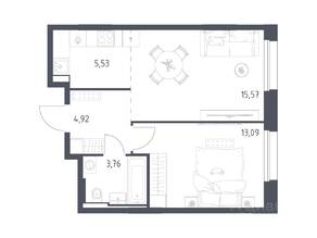 ЖК «Заречье Парк», планировка 1-комнатной квартиры, 42.87 м²