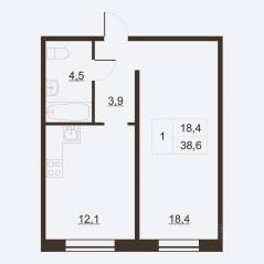 ЖК «Дом на набережной», планировка 1-комнатной квартиры, 38.70 м²