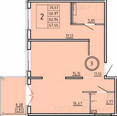 МЖК «Образцовый квартал 16», планировка 2-комнатной квартиры, 60.97 м²