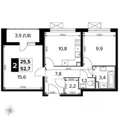 ЖК «Южная Битца», планировка 2-комнатной квартиры, 52.70 м²