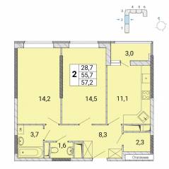 ЖК «Центр-2», планировка 2-комнатной квартиры, 57.40 м²