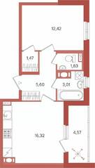 ЖК «Патио», планировка 1-комнатной квартиры, 42.94 м²