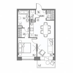 Апарт-комплекс «Residence 15», планировка 2-комнатной квартиры, 48.80 м²