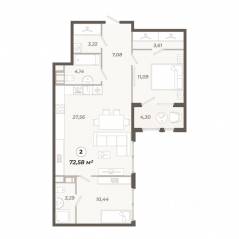 ЖК «Знатный», планировка 2-комнатной квартиры, 72.58 м²