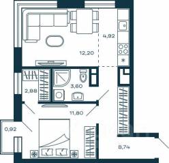 ЖК «М_5», планировка 1-комнатной квартиры, 44.42 м²