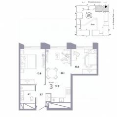ЖК «Страна.Заречная», планировка 3-комнатной квартиры, 51.70 м²