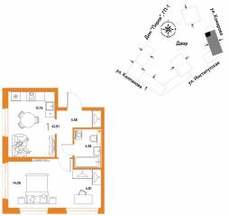 ЖК «Страна.Парковая», планировка 1-комнатной квартиры, 42.81 м²