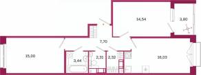 ЖК «Дом на Курской», планировка 2-комнатной квартиры, 63.24 м²