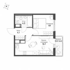 ЖК «Клюква.Парк», планировка 1-комнатной квартиры, 34.90 м²