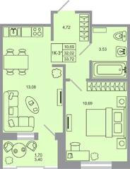 ЖК «Стороны света-2», планировка 1-комнатной квартиры, 33.00 м²