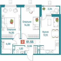 ЖК «Графика», планировка 2-комнатной квартиры, 61.55 м²