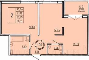 МЖК «Образцовый квартал 16», планировка 2-комнатной квартиры, 61.18 м²