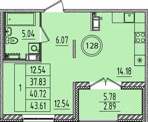 МЖК «Образцовый квартал 14», планировка 1-комнатной квартиры, 37.83 м²