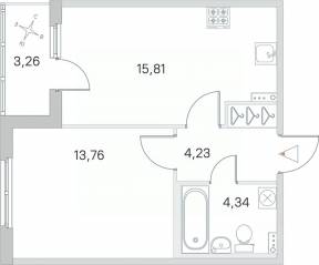 МЖК «Любоград», планировка 1-комнатной квартиры, 39.77 м²