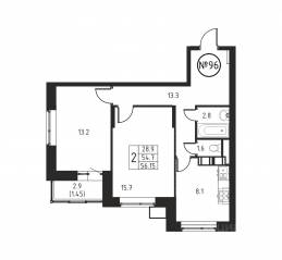 ЖК «Космос», планировка 2-комнатной квартиры, 56.15 м²