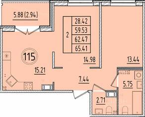 МЖК «Образцовый квартал 17», планировка 2-комнатной квартиры, 59.53 м²