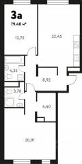 ЖК «Южное Пушкино», планировка 3-комнатной квартиры, 78.68 м²