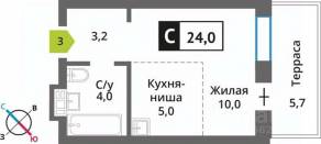 ЖК «Лесная Отрада», планировка студии, 24.00 м²