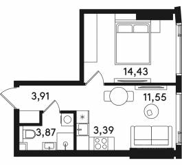 ЖК «Solos», планировка 1-комнатной квартиры, 37.15 м²