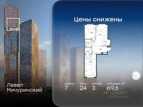 ЖК «Level Мичуринский», планировка 3-комнатной квартиры, 69.60 м²