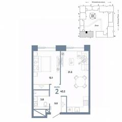 ЖК «Страна.Заречная», планировка 2-комнатной квартиры, 43.20 м²