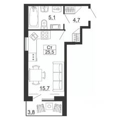 ЖК «Рубеж», планировка студии, 25.50 м²