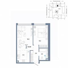 ЖК «Страна.Озерная», планировка 2-комнатной квартиры, 45.60 м²