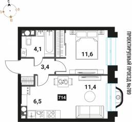 ЖК «Интеллигент», планировка 2-комнатной квартиры, 37.00 м²