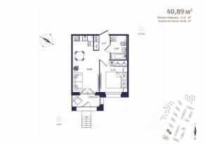 ЖК «Ranta Residence», планировка 1-комнатной квартиры, 40.89 м²