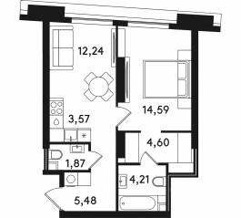 ЖК «Solos», планировка 1-комнатной квартиры, 46.56 м²