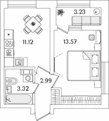 ЖК «БелАрт», планировка 1-комнатной квартиры, 32.62 м²