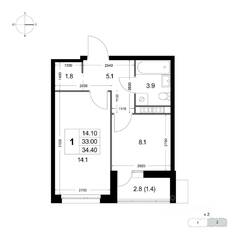ЖК «Легенда Коренево», планировка 1-комнатной квартиры, 34.50 м²