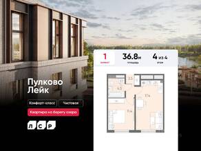 МЖК «Пулково Lake», планировка 1-комнатной квартиры, 36.80 м²
