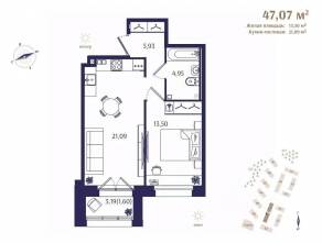 ЖК «Ranta Residence», планировка 1-комнатной квартиры, 47.07 м²
