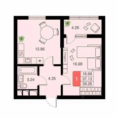 ЖК «Химки Тайм», планировка 1-комнатной квартиры, 39.26 м²