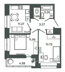 ЖК «Загляденье», планировка 2-комнатной квартиры, 46.06 м²
