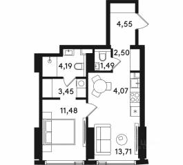 ЖК «Solos», планировка 1-комнатной квартиры, 45.44 м²