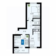 ЖК «Химки Тайм», планировка 2-комнатной квартиры, 48.54 м²