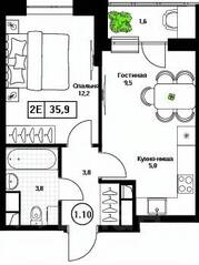 ЖК «Пушкино Град», планировка 1-комнатной квартиры, 35.90 м²