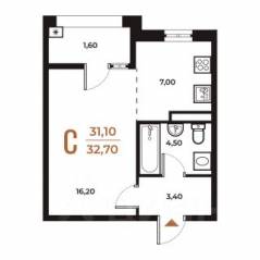 ЖК «Новое Летово», планировка студии, 32.70 м²